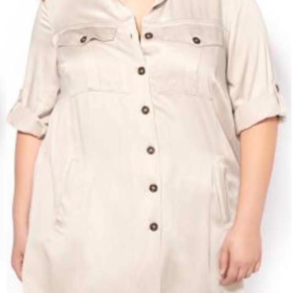 BLOUSE, STRETCH TWILL, COLOUR LINEN, SIZE 4X, BUTTON & TAB ¾ SLEEVES, BUTTON